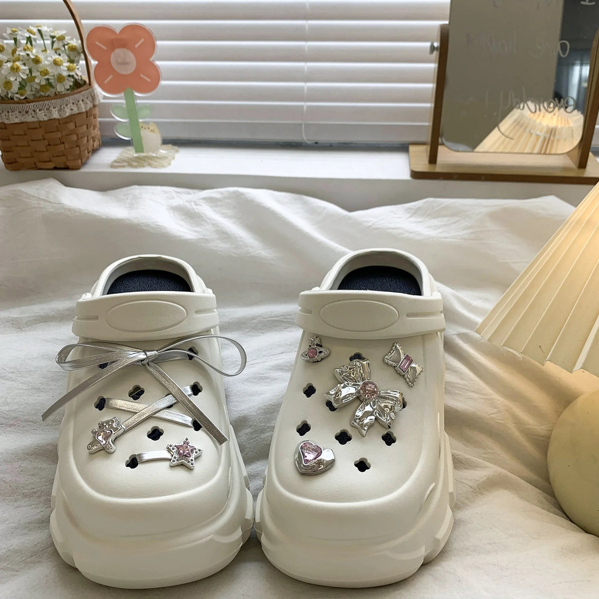 Cute DIY Bow knot Fashion Clogs For Women Indoor Street Slippers Thick Sole Female Summer Shoes Soft EVA Girls Beach Sandals