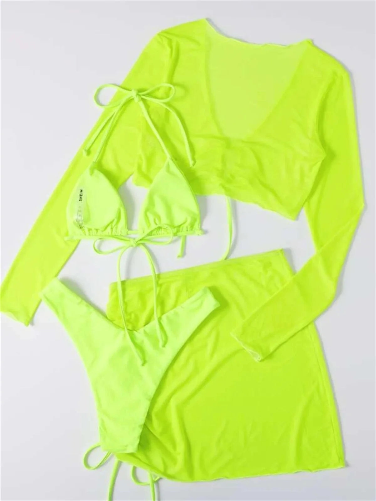 Sexy Neon Green Long Sleeve 4 Piece Bikinis Set Women Mesh Cover-ups Pleate Skirt Swimsuit See Through Bathing Suit Swimwear