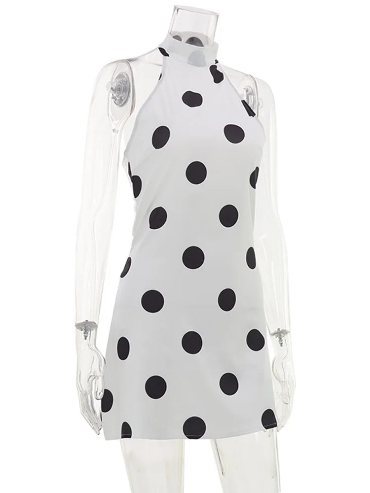 Ahagaga Sexy Slim Mini Dresses Women Polka Dot Print Halter Neck Sleeveless Backless A-Line Casual Vacation Zipper Vestidos