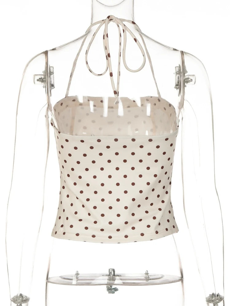 FDYOUI Sexy Halter Neck Polka Dot Tank Tops 2026 Women Lace-up Backless Slim Corset Camisoles Ladies Summer Crop Top Streetwear