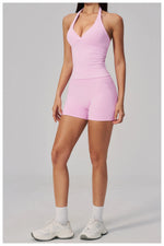 New Seamless Yoga Thread Set Women Hanging Neck V Neck Slim Sports Tank Top Hip Lifting Abdominal Tightening Shorts Fitness Suit