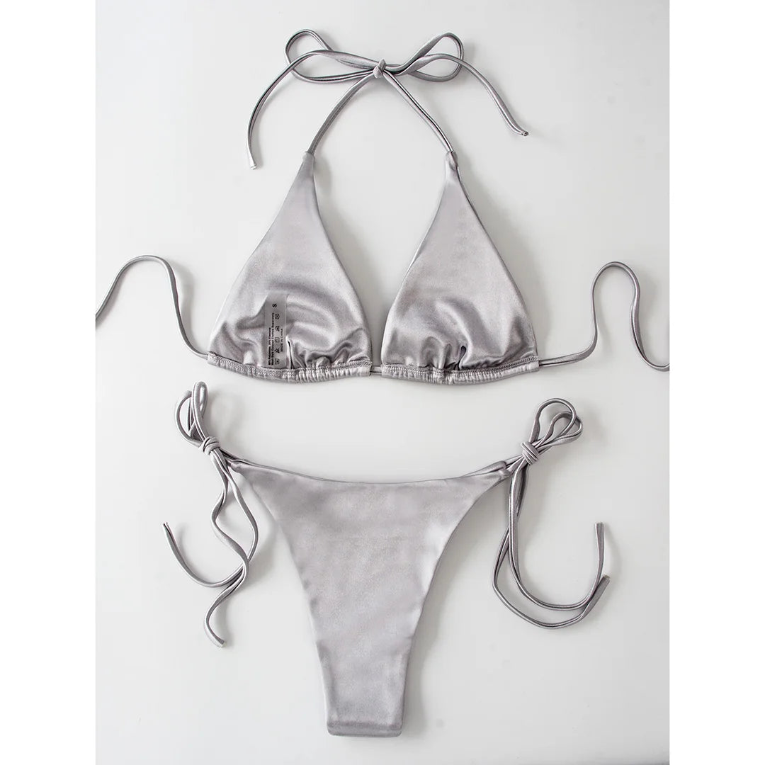 Sexy Satin Halter Brazilian Padded Bikini Female Swimsuit Women Swimwear Two-Pieces Bikini Set Bather Bathing Suit Swim V4966S