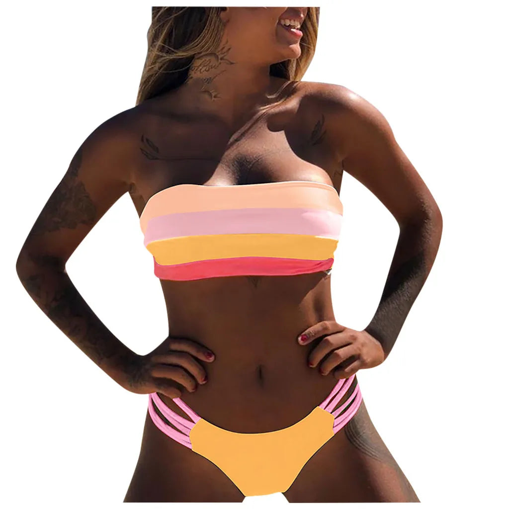 Bikini Swimwear Push-Up Bikinis Sets Colored Stripes Women Bra Padded Beachwear Bathing Suit New 2 Piece Swimsuit 2025 Biquini