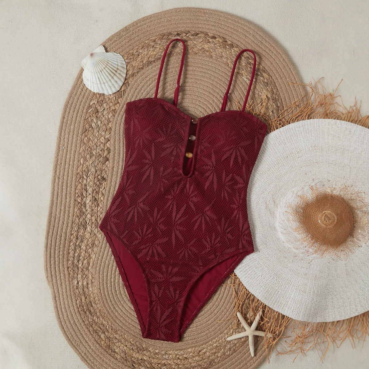 2026 Vintage Coffee Leaves Print One Piece Swimsuit Women Beaded String Hollow Out Backless Mesh Slim Fit Tummy Control Swimwear