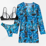 2025 Three Pieces Bikini Set Cover Up Swimwear Women Swimsuit Print Long Sleeve Push Up Bathing Suit Beachwear Swimming Biquini