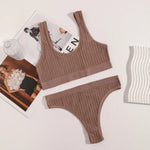 Women Knit Seamless Bra And Panties Set Tank Style Bralette Without Padding Low Rise Thong U-Neck Wide Strap Lingerie Set M-L