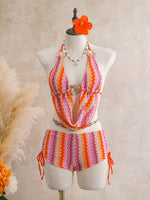 Vintage Blue Striped Knitted Cover Up 3 Piece Bikini Set 2026 Swimwear Women Push Up Bra Drawstring High Waist Shorts Swimsuit