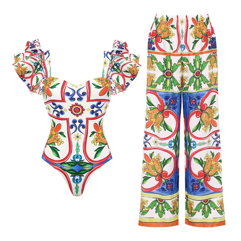 2024 Women Swimwear 2PC Cover-up Swimsuit Ruffle Solid Printed Deep V One-piece Monokini Kimono Bikini Suit Summer Beachwear