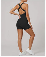 Cross Exposed Back Shaping Nude Yoga Jumpsuit Women Summer Sleeveless Pleate Slim Hip Lifting Short Sport Fitness One Piece Suit