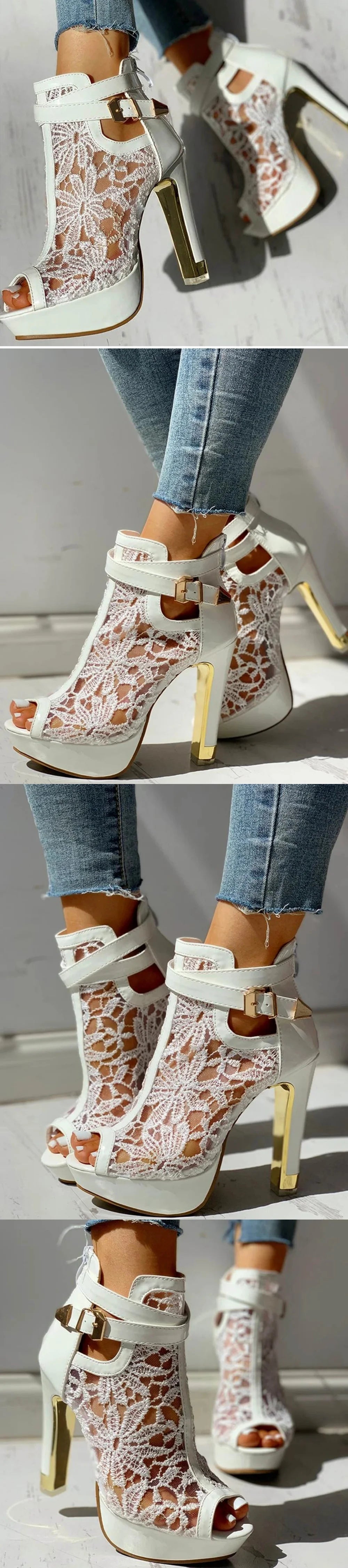 Summer Party Ankle Booties Black High Heels Platform Sandals Women Peep Toe Elegant Lace White Wedding Bridal Dress Shoes