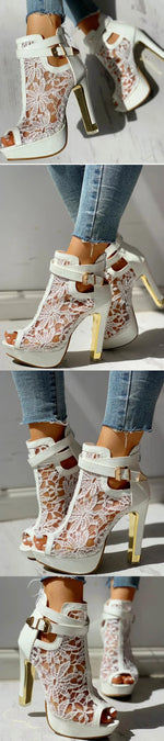 Summer Party Ankle Booties Black High Heels Platform Sandals Women Peep Toe Elegant Lace White Wedding Bridal Dress Shoes