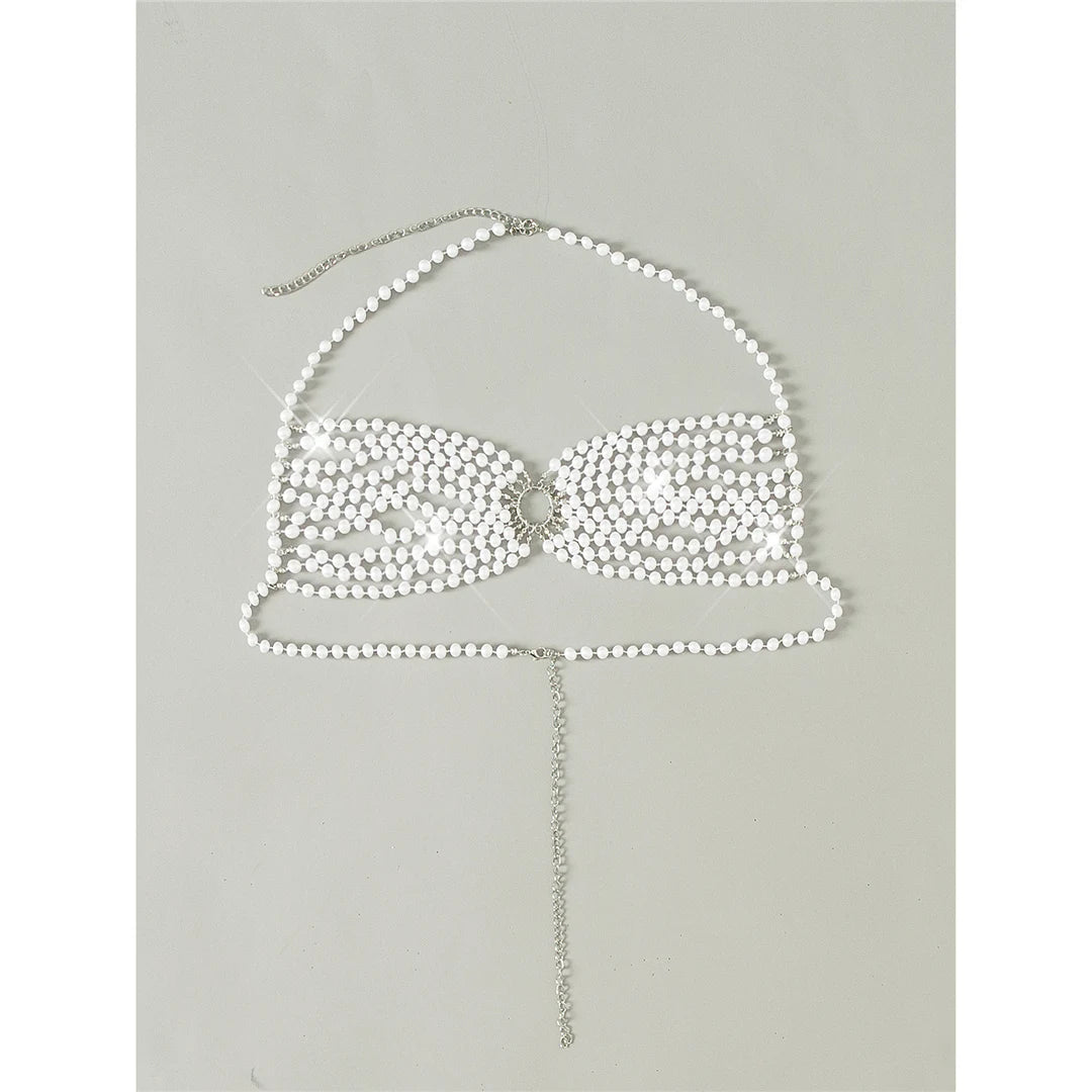 Luxury Pearls Halter Hollow Out See Through Bikini Top Female Swimsuit Women Swimwear Bather Bathing Suit Swim Beach Top V5409