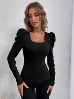 Phantasy New Y2k Tops Fashion Square Collar Slim Leg Sleeve Knitted Bubble Long Sleeve T-shirt Casual Style Vintage Clothing