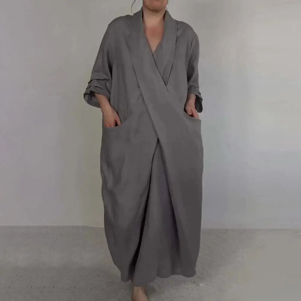 Bohemian Maxi Dress Spring Autumn Maxi Dress Robe Baggy Cross V Neck Large Pocket Retro A-line Casual Party Travel Dress
