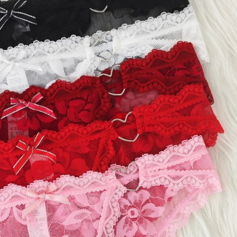1pc Women's Multi-Color Lace Panty Low-Rise Bowknot Lingerie Hollow Out Semi-Covered Butt Heart Buckle Soft Breathable Underwear