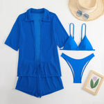 Summer 4 Piece Bikinis Sets Women Black White Mesh Half Sleeve Cover Up with High Waist Panties Swimsuit Bathing Suit Swimwear