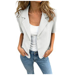 Women Cropped Short Sleeve Blazer Jacket Lapel Collar Buttons Loose Solid Suit Coat Summer Casual Office Outerwear With Pocket
