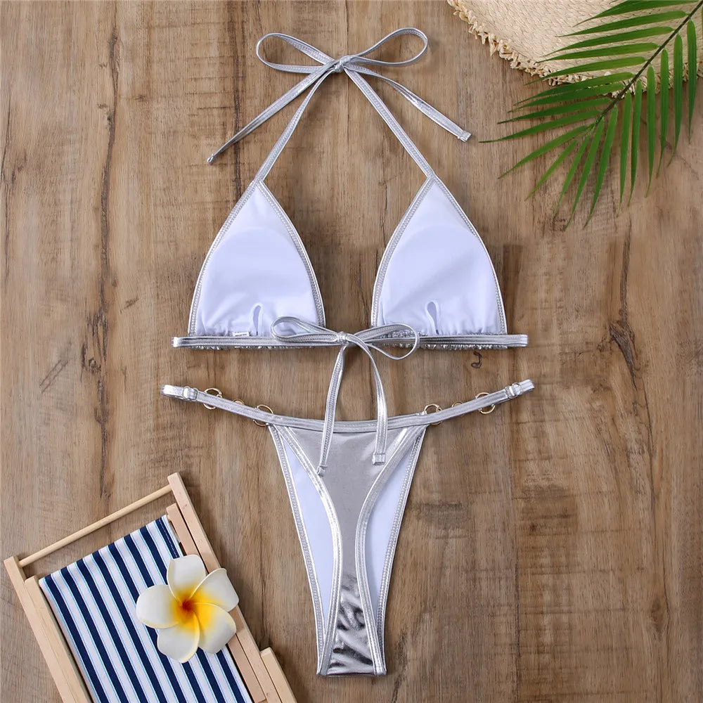 Shiny Red String Halter Triangle Micro Bikinis Sets Sexy Swimsuit Women Thong Bathing Suit Lace-up Bikini 2026 Mujer Biqiunis
