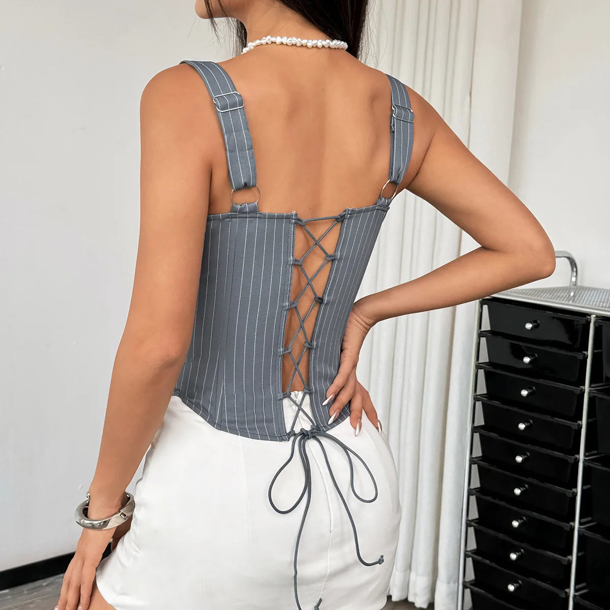 Sexy Tube Top Women Fashion Black Striped Patchwork Bandage Ruffles Slim Fit Fishbone Corset Camisole Sleeveless Club Party Tops
