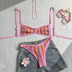 Crochet Striped High Leg Cut Brazilian Bikini Female Swimsuit Women Swimwear Two-pieces Bikini Set Bather Bathing Suit Swim Lady
