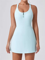 Front Zipper Tennis Dresses Women Summer Sleeveless Sports Athletic Dress Outdoor Cross Backless Pocket Short Workout Skirts
