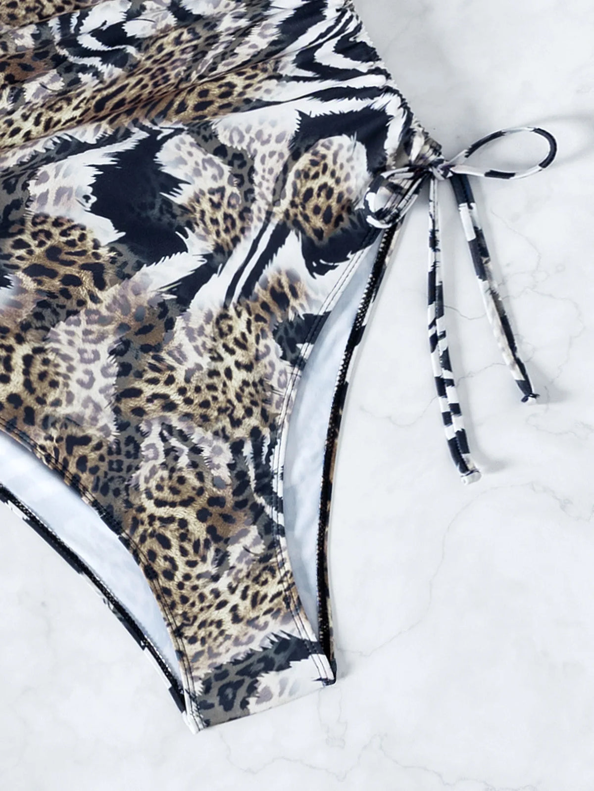 Sexy Leopard Swimwear Women Bandeau One Piece Swimsuit Beach Wear Drawstring Criss Cross Swimming Bathing Suit Bodysuit Monokini