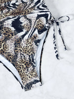Sexy Leopard Swimwear Women Bandeau One Piece Swimsuit Beach Wear Drawstring Criss Cross Swimming Bathing Suit Bodysuit Monokini