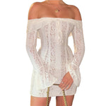 Women Off Shoulder Mini Dress Flare Long Sleeve Lace Flower Bodycon Short Dress for Holiday Daily Club Sexy Dresses