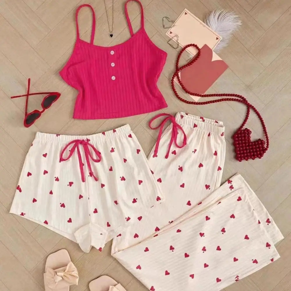 3 Pcs/Set Women Pajamas Suit Sleeveless Backless Heart Printing Elastic Waist Shorts And Pants Slip Top Summer Sleepwear