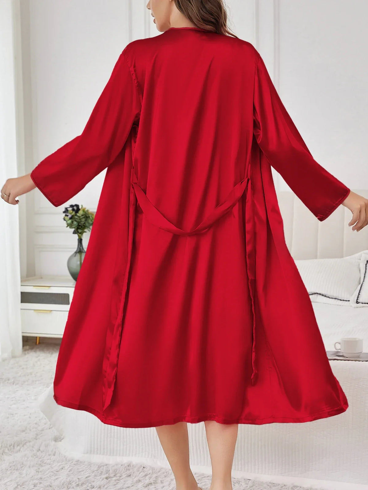 Ladies Two Piece Premium Sleepwear Set Simple Solid Color Design Sensual Short Chemise with Long Loose Robe and Sash