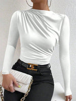 Casual Pleated Mock Neck Long Sleeve T-shirt for Women Autumn Winter Spring Solid Color Ruched Skinny Slim Fit Blouse Top Tshirt