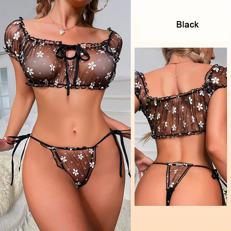 Sexy Mesh Lingerie Bandage Underwear Set Women's Transparent Bra Off Shoulder Lingerie 2 Pieces Set Ruffle Fancy Sexy Underwear