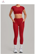 Yoga Set Women's Tracksuit Short Sleeve Back Hollow Out Sports Top Athletic Wear Tight High Waist Pocket Leggings Fitness Suits