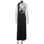 Ahagaga Sexy Lace Women's Party Long Dresses Slim V-neck Solid Blackless Mesh Sleeveless Camisole Sheath Regular Vestidos Robes