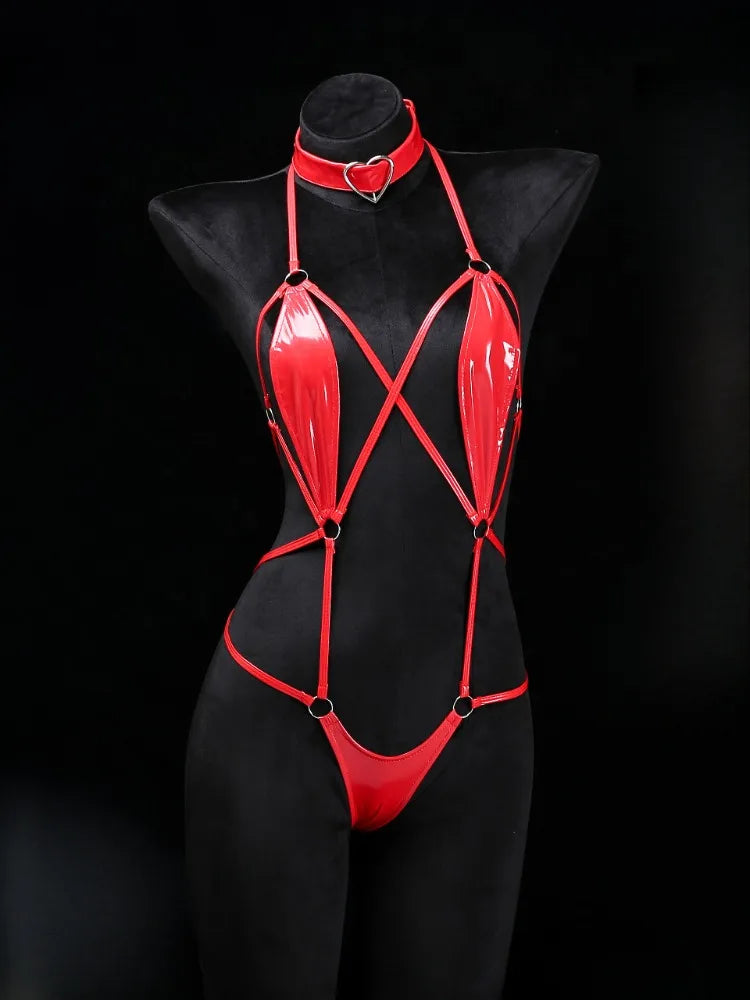 Women Patent Leather Harness Lingerie with Heart Choker Open Back Crotch Less Erotic Bodysuit Intimate Club Wear for Night Party