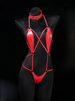 Women Patent Leather Harness Lingerie with Heart Choker Open Back Crotch Less Erotic Bodysuit Intimate Club Wear for Night Party