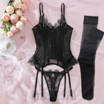 Toucheart Erotic Lingerie Set Women Romantic Tight Fishbone Bra Heavy Industry Lacemesh Hollow Splicing Garter Belt Andstockings