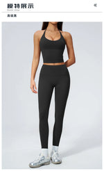 Women Tracksuit 2PCS Seamless Yoga Sets Hanging V Neck Slim Sports Tank Top Fitness Outfits Gym Running High Waist Leggings Suit
