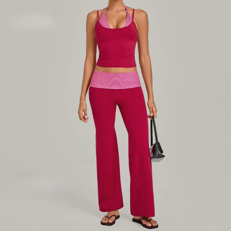 Women's Sleeveless Yoga Set Sports Workout High Waist Butt-Lifting Flared Pants Suits Beautiful Back Slim-Fit Running Vest Sets