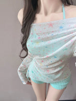 Long Sleeved Sun Protection Star Print Cover Up 3 Piece Bikini Set Swimwear Women Drawstring Side Holiday High Waist Swimsuit