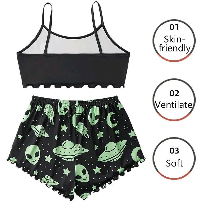 Summer Sleepwear Women Pajamas Set Alien Pattern Printed Sports Camisole Tops and Shorts Casual Loungewear