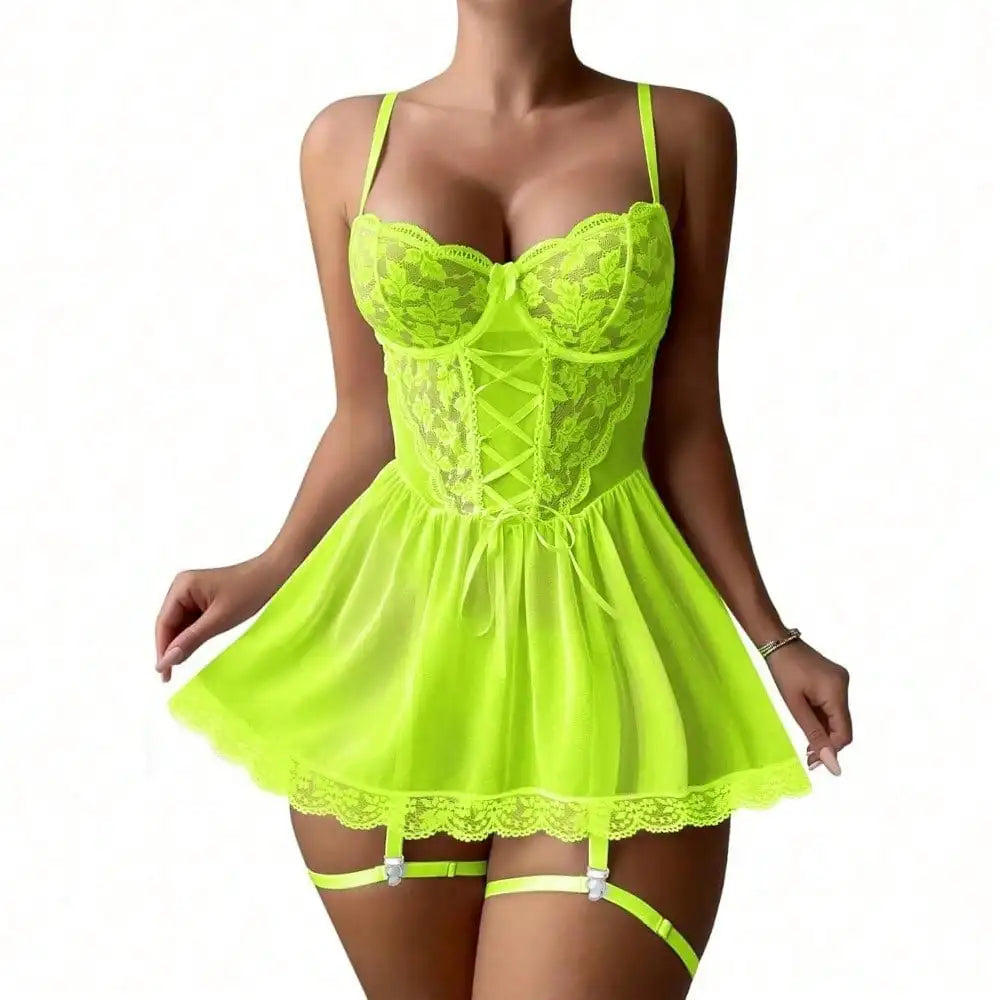 Sexy Garter Belt Mesh Lace Lingerie Dress Set With Thong