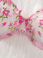 Women's Pink Floral Embroidery Lingerie Set Half Cup Push Up Bra And Thong Sheer Mesh Lace Comfortable Sexy Underwear ZA824026