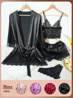 4Pcs Women Satin Pajama Set Robe Lace Lingerie Sexy Silk Nightwear Sleepwear Soft Satin Nightgown Pyjamas Nightdress Nighty Robe