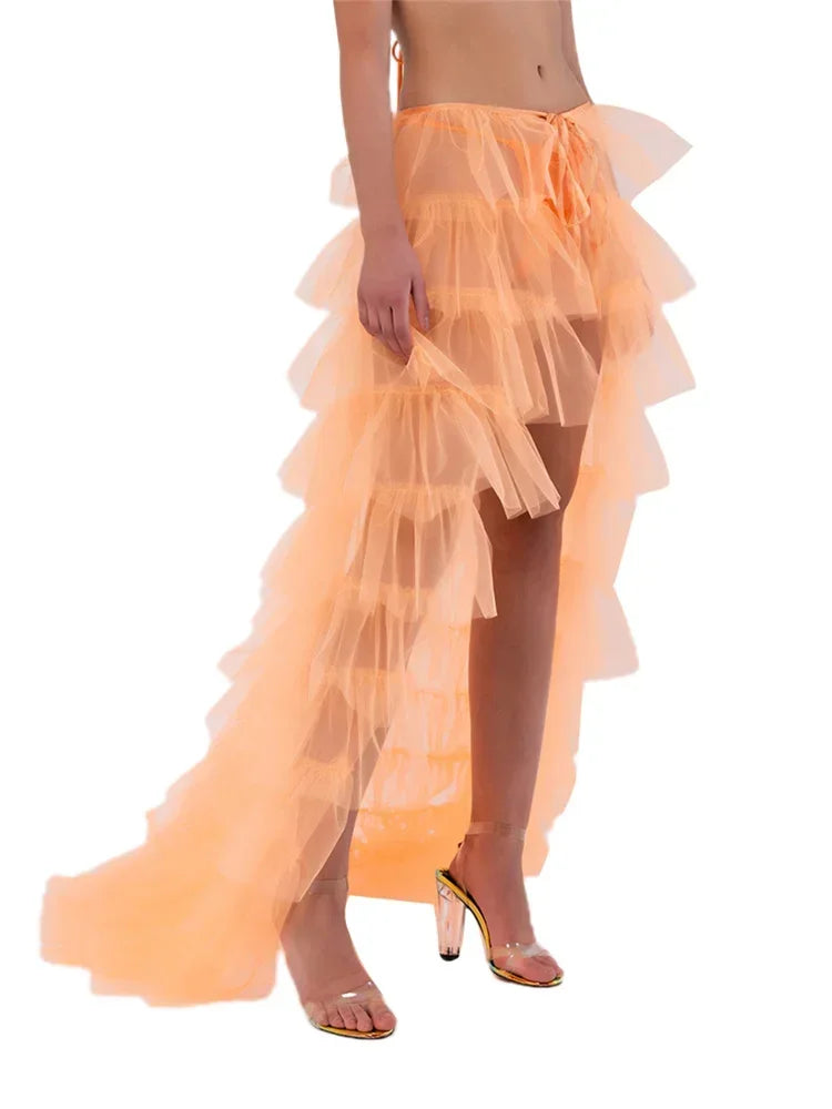 Fashion Long Tulle Skirt Women Elegant Princess Sexy Style Irregular Mesh Tutu Skirts Vintage Puffy Skirt Beach Cover-ups