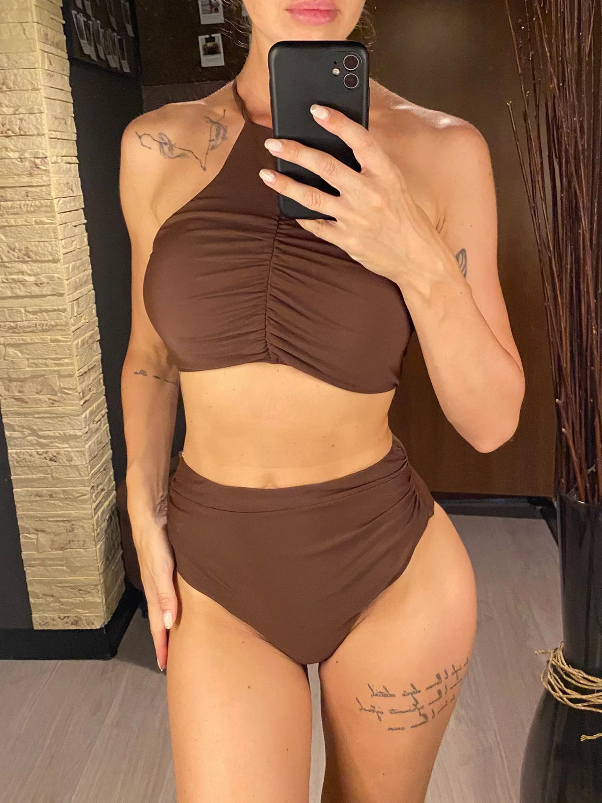 Halter Wrinkled High Neck Female Swimsuit High Waist Bikini Women Swimwear Two-pieces Bikini Set Bather Bathing Suit Swim V5616