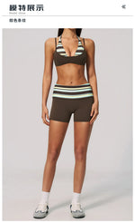 Breathable Striped Patchwork Yoga Clothing Women Fake Two-piece Sports Bra Folding High Waist Shorts Gym Running Fitness Suit