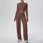 2 Pcs Women's Seamless Yoga Set Long-sleeved Wide-leg Pants Tracksuit Fitness Sports Set High-waisted Hip-lifting Slim-fit Suit