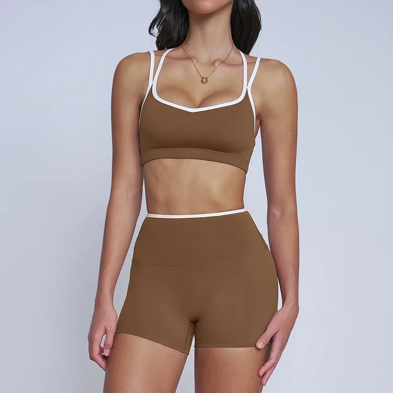 Tight Naked Yoga Shorts Suit Women Double Strap Sports Bra High Waist Flare Leggings Fitness Suit Gym Running Workout Clothes
