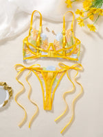Women Yellow Floral Embroidery Lingerie Set Bow Tie Side Sheer Mesh Bra And Thong 2‑Pieces Intimate Underwear ZA825291